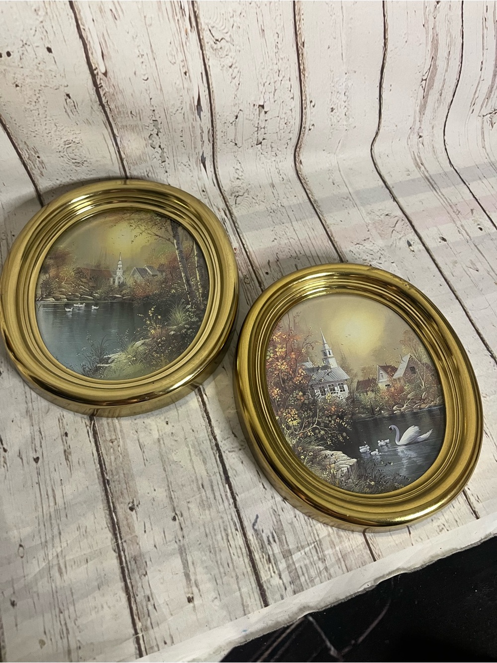 Vintage Homco Gold Oval Framed Wall Art Prints Set of 2 Swans Lake Church 1980s